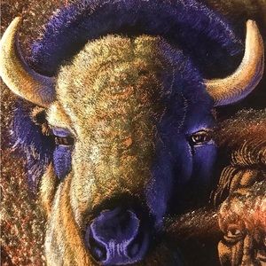 Vintage Buffalo Eagle Black Velvet Painting Framed Western Yellowstone